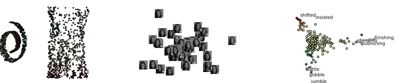 Figure 1: Swissroll 3D data and its embedding constructed with Isomap (on the left); embeddingof the faces data set computed with t-SNE (in the middle); embedding of English wordscomputed with kernel LLE using Ratcliff-Obershelp as similarity measure (on the right).