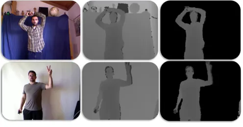 Figure 2: Region of Interest detection. Left: RGB video frames. Center: depth frames. Right: thedetected ROI.
