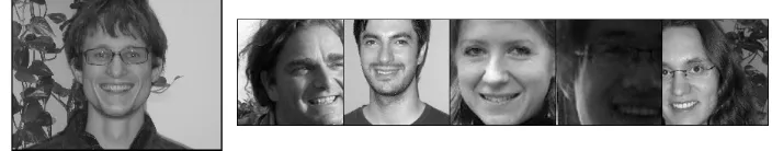 Figure 10: Example of a pose-normalized image (left), and various images after pose was reintro-duced illustrating the ﬁnal range of vertical and horizontal displacements, as well as theface sizes (right).