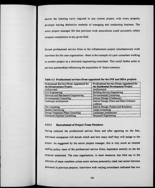 Table 4.3 Professional services firms appointed for the INF and RDA projects