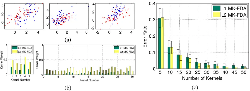 Figure 1: Simulation: (a) Three examples of the two Gaussian distributions. (b) Comparing thekernel weights learnt from ℓ1 MK-FDA and ℓ2 MK-FDA