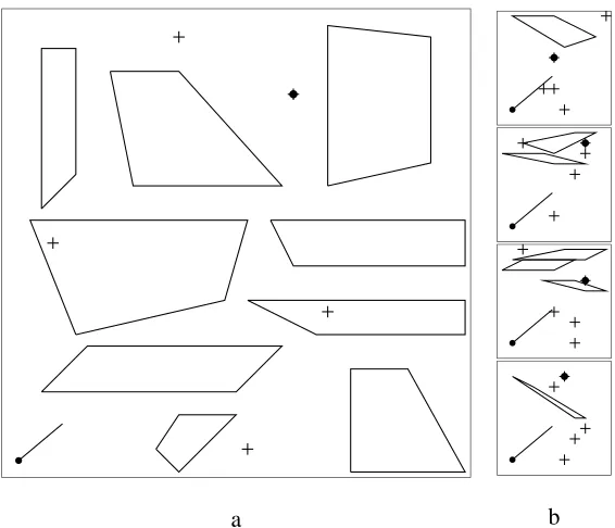 Figure 2: The homing experiment 40x40 test task (a) and four sample 10x10 training tasks (b).Beacon locations are shown as crosses, and the goal is shown as a large dot