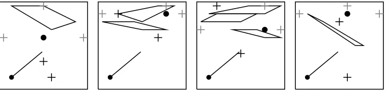 Figure 4: Sample 10x10 training tasks for the triangle experiment. The three beacons surroundingthe goal in a triangle are shown in gray.
