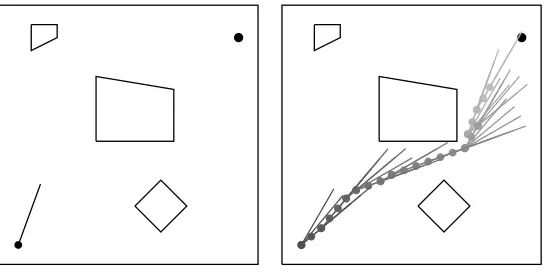 Figure 1: A 20x20 rod positioning task and one possible solution path.