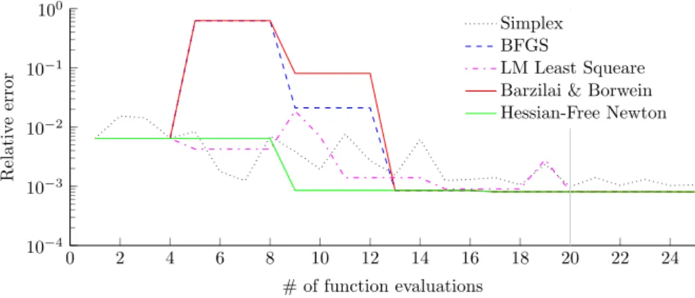Figure 1.3: Relative error vs the number of function evaluations, showing the relevant interval.