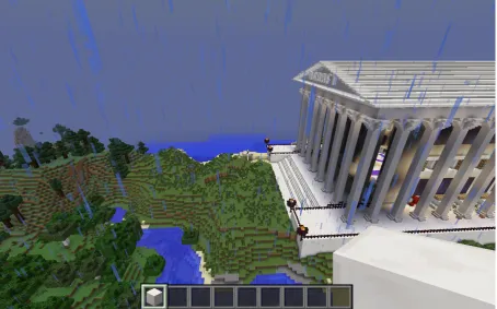 Figure 2: A screenshot within the game Minceraft, where a player created structure is placed within theprocedurally generated terrain.