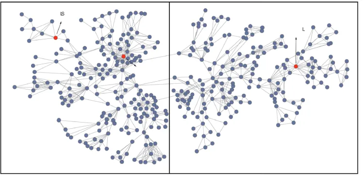 Figure 5: The coauthorship network of Newman (2006b). This layout was obtained in the Pa-jek (Batagelj and Mrvar, 2001) visualization software, using the Kamada-Kawai method(Kamada and Kawai, 1989) on each component of a partition provided by LocalCut andt