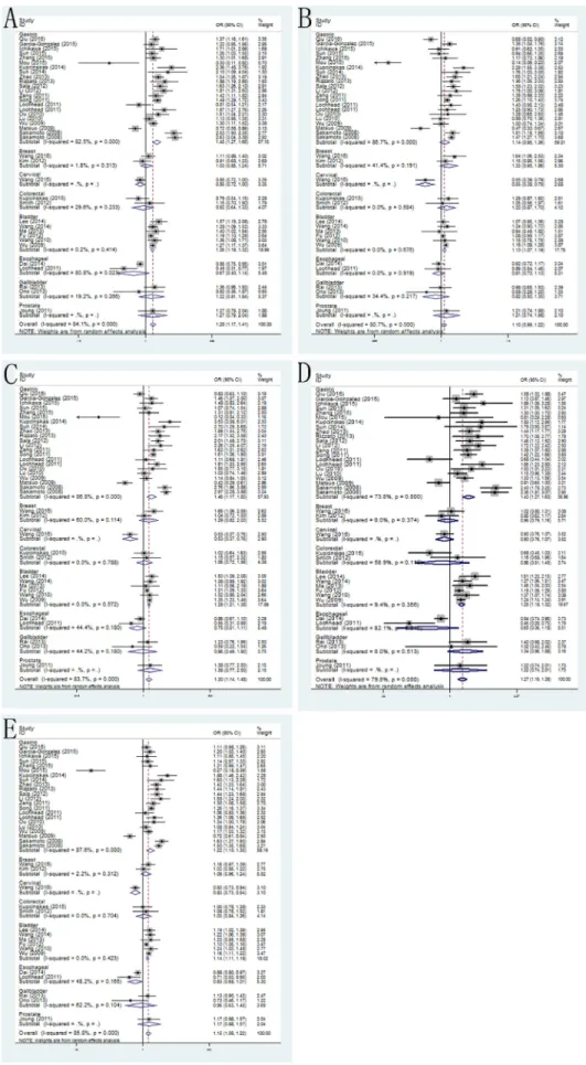 Figure 2: Forest plots of the association between PSCA rs2294008 C>T  polymorphism and cancer susceptibility in  the stratification analyses by type of cancer