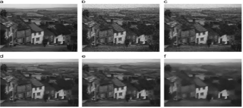 Figure 3e)shows the denoising by bilateral filter.The intensity value at each pixel in an image is replaced by a weighted average of intensity values from nearby pixels