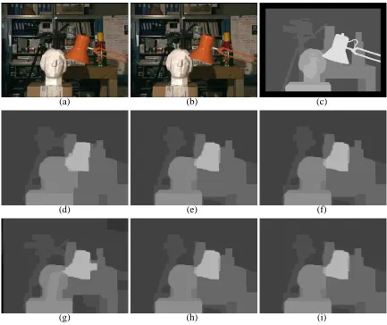 Figure 7: Tsukuba stereo pair. (a) First image. (b) Second image. (c) Ground truth disparity map.(d)-(i) Results obtained using various algorithms: in the above order, αβ-swap algorithm,α-expansion, TRW-S, BP, range swap and range expansion.
