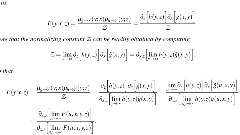 Figure 12: Flow of messages in the toy example CDN of Figure 11 with variable U marginalizedout in order to compute the conditional CDF F(y|x,z)