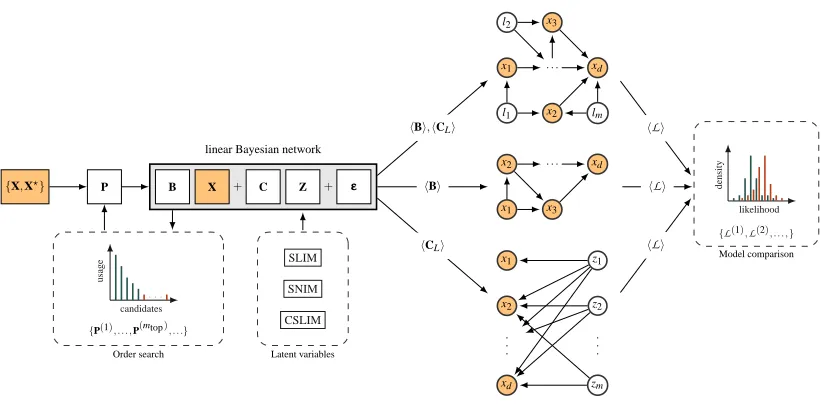 Figure 1: SLIM in a nutshell. Starting from a training-test set partition of data {X,X⋆}, our frame-work produces factor models C and DAG candidates B with and without latent variablesZ that can be compared in terms of how well they ﬁt the data using test 