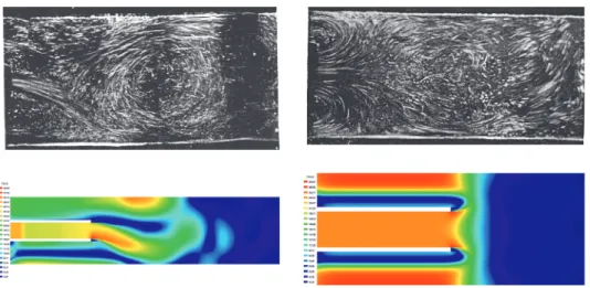 Fig. 2. Qualitative comparison of experimental and simulation results:examples of oscillating (left) and divergent bifurcations (right)