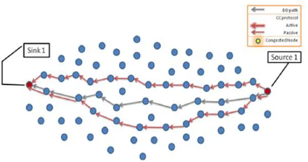 Figure 4.2: Scenario with a single source - single sink showing paths formed by AODV 