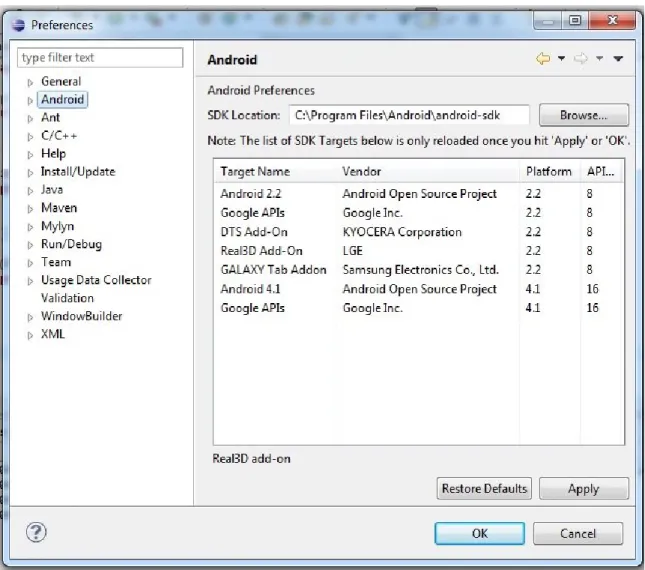 Figure x: The preferences dialog for configuring the ADT plugin Download and install HTC Sync