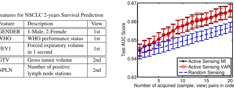 Figure 6: Experiments on NSCLC survival prediction. The features for the 2 views are listed inthe left table, and the performance comparison of active sensing and random sensing isshown in the right ﬁgure