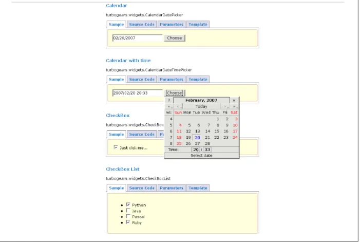 Figure 5. The widget browser in TurboGears, highlighting a date-picking widget