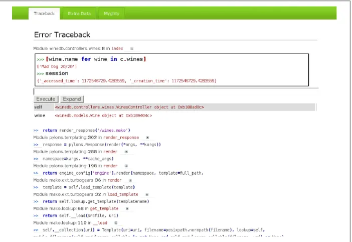 Figure 7. The Pylons debugger allows code to be evaluated inside the error page