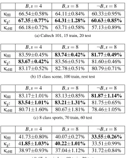 Table 4: Results of HIK, χ2 and exponential HIK codebooks. One-class SVM code word generationis not used