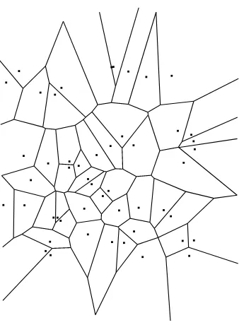 Figure 1: Vorono¨ı tessellation of 50 points of R2 drawn uniformly in a square.