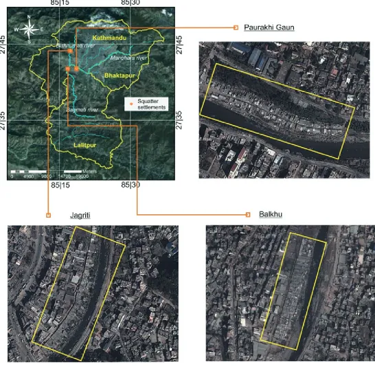 Figure 5. Location of the three squatter settlements from the community survey. Source of the satellite images: Google Earth (2012).