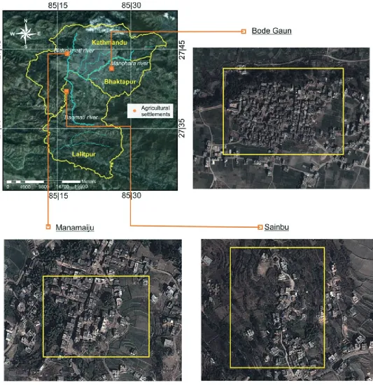Figure 6. Location of the three agricultural settlements from the community survey. Source of the satellite images: Google Earth (2012).