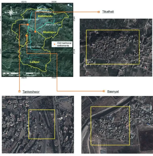 Figure 7. Location of the three traditional settlements from the community survey. Source of the satellite images: Google Earth (2012).