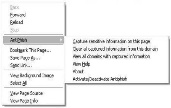 Fig 3: The Anti-Phish application menu integrated into the browser. 
