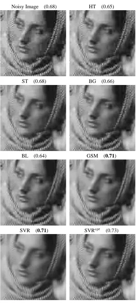 Figure 8: Visual results for the ‘Barbara’ image with JPEG quantization noise (Q = 7)