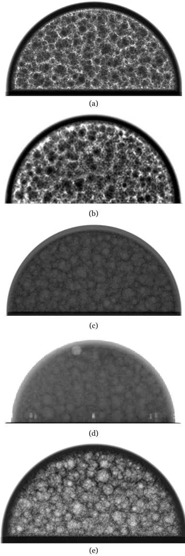 Figure 5. Comparison of simulated (a, c) and real (b, d) planar intensity images from software and physical breast phantoms filled with acrylic spheres placed in air (a, b) and water (c, d)