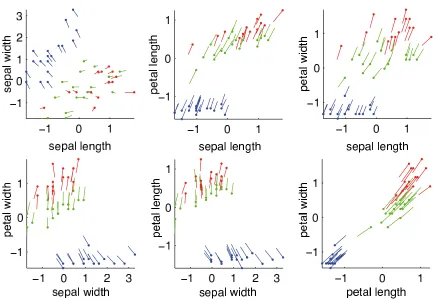 Figure 3: Scatter plots of the explanation vectors for the test data. Shown are all explanation vectorsfor both classes: class 1 containing Iris setosa (shown in blue) and Iris virginica (shownin red) versus class 0 containing only the species Iris versico