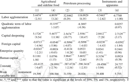 Table 3 Regression result of the influence of capital agglomeration on labor productivity Agricultural and sideline Instruments and 