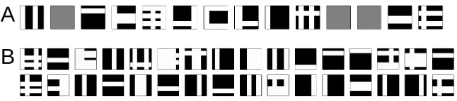 Figure 8: A Selection of 14 data points of a bars test with increased overlap. B Typical parametersW after learning if twice as many hidden units as bars are used