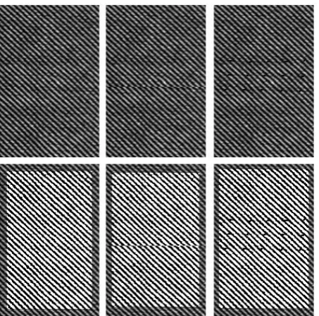 Figure 12: In the upper panels, the simulation of a good fabric (left) and the same with defects (middle, right)
