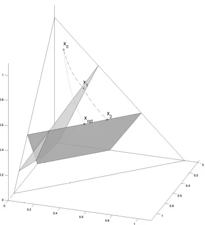 Figure 6: Termination points for the relative entropy example described by (24). The shaded re-gions illustrate the hyperplanes associated with the two inequality constraints of the op-timization problem