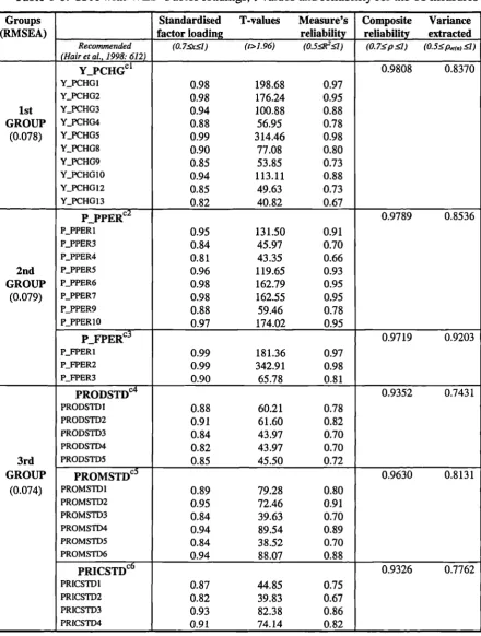 Table 6-6: CFA with WLS- Factor loadings, t-values and reliability for the 61 measures