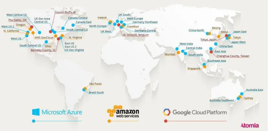 Figure 1 A map for the 3 largest Cloud Computing providers by market share of 2016. 
