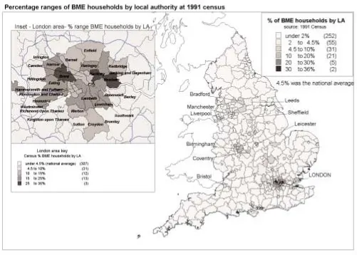 Figure 1: Percentage ranges of BME households by local authority at 1991 Census