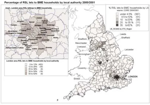 Figure 2: Percentage of RSL lets to BME households by local authority 2000/2001