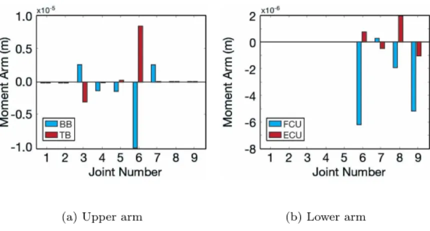 Figure 4: Comparison of the moment arms for each antagonistic pair (See Figure 3 for joint numbers)