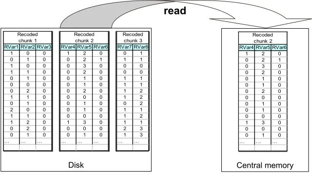 Figure 3: Read: the recoded chunks of variables are read and loaded (no parsing) into central mem-ory one at a time.