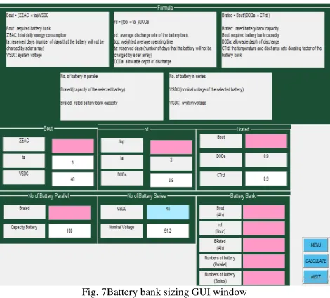 Fig. 7Battery bank sizing GUI window 