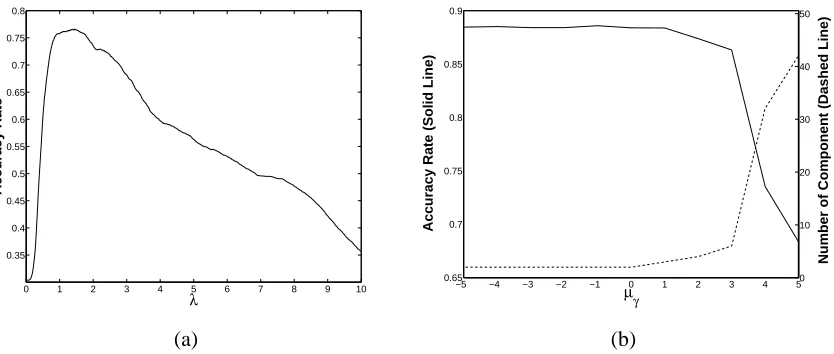 Figure 4: Effects of scale parameters when ﬁtting a data set generated according to Simulation 1.(a) The effect of λ in the RBF-SVM model