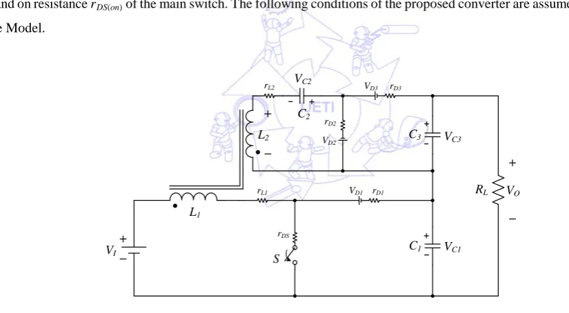 Fig. 9 shows the equivalent circuit including inductor copper inductances rL1 and rL2, on resistances of diode rD1, rD2 and 