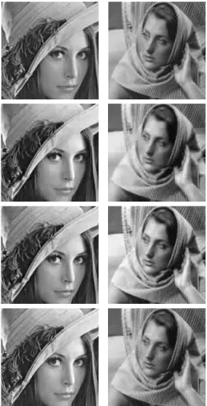 Figure 6: Examples of decoded Lena (left) and Barbara (right) images at 0.3 bits/pix. From top tobottom: JPEG, RKi-1, CSF-SVR, and NL-SVR.