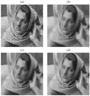 Figure 7: Examples of decoded Barbara images at a high compression ratio of 0.05 bits/pix (160:1)for (a) JPEG, (b) RKi-1, (c) CSF-SVR, and (d) NL-SVR.