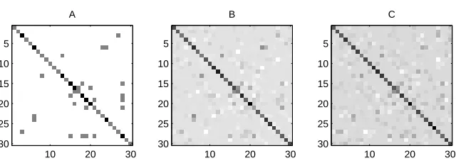 Figure 3: Recovering the sparsity pattern for small sample size. We plot (A) the original inversecovariance matrix Σ−1, (B) the solution to problem (1) for n = 30 and (C) the solution forn = 20
