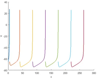 Figure 4.6: The regular spiking behaviour of the stimulated RS neuron.