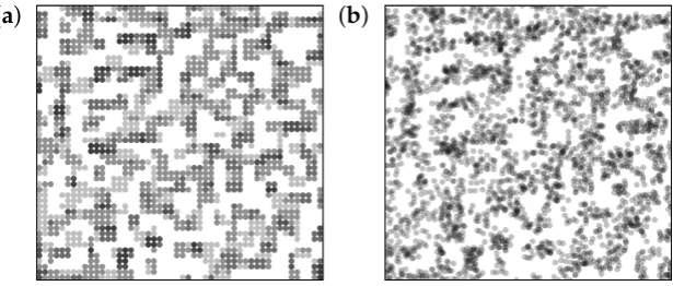 Figure 4. Mock TEM picture generation. (a) A slice, thickness 5 particle diameters, is extracted fromthe simulation after a certain number of MC steps; (b) Small random displacements, as describedin the text, are applied to every particle in the slice