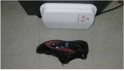 Fig. 3. WISP tag fastened to a shoe in front of an Alien Antenna connected to an off-camera Impinj RFID Reader